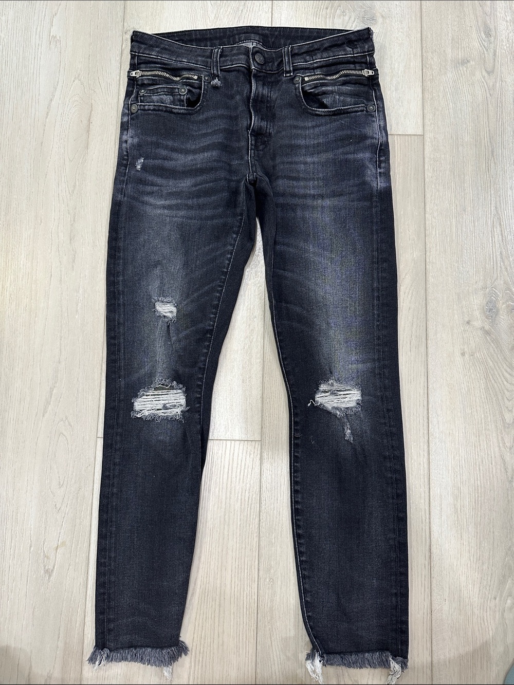 R 13 Black Distressed Slim Jeans